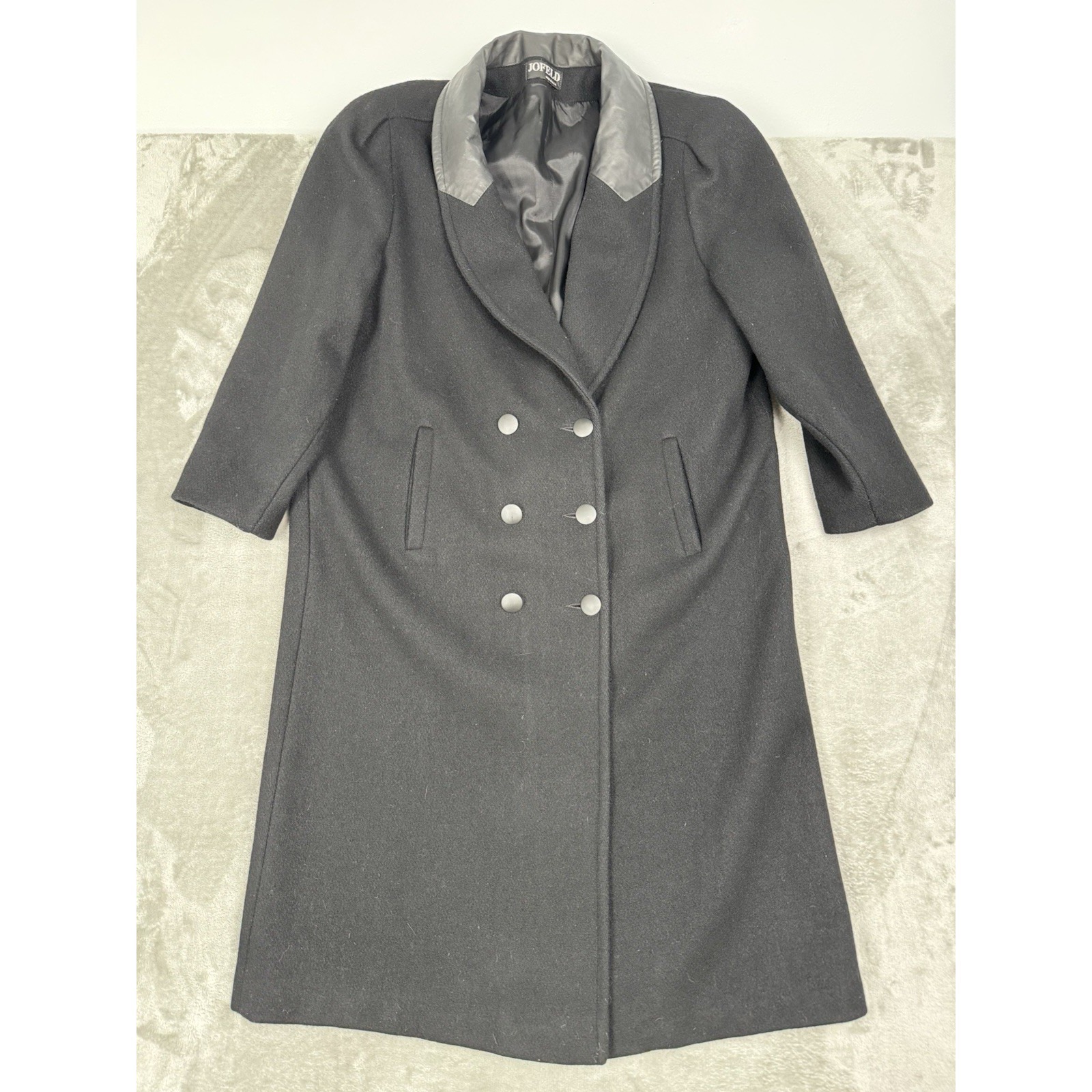 Vintage Jofeld Long Black Wool Overcoat Size 48 2xl Double Breasted Leather 80s
